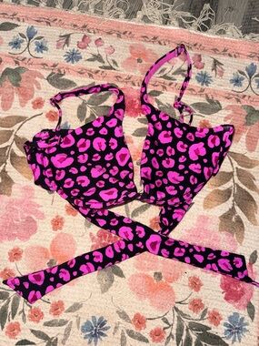 Victoria's Secret Black Bikini Top with Hot Pink Leopard Print Wrap